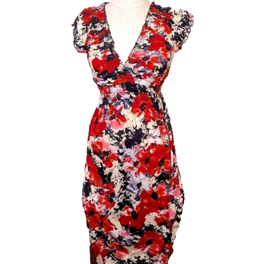🌷 Impress🌷 Long Red, Whit, & Black Floral Print Dress